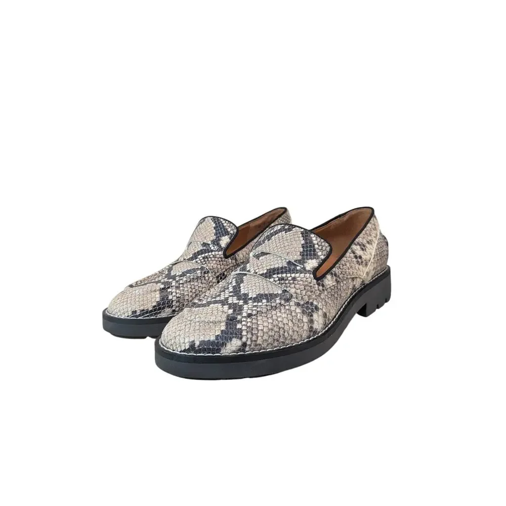 Franco Sarto Snakeskin Leather Loafers Size 8 Chunky Lug Sole Slip On Flats